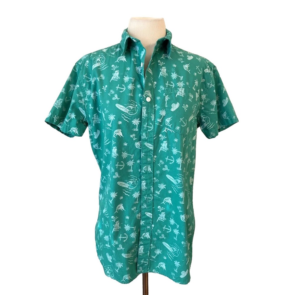Coastal Hang 10 Hawaiian Shirt Size Small Green short sleeve nautical‎